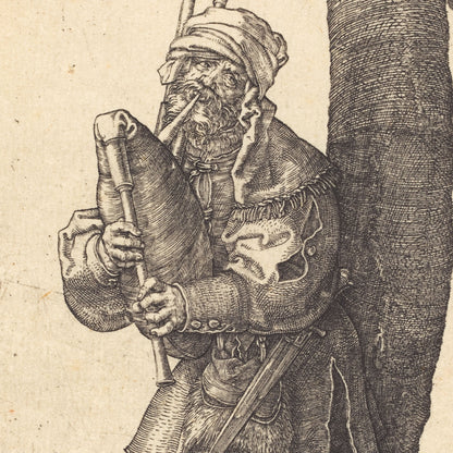 A vintage black ink engraving on aged beige paper, depicting a bearded man in historical clothing holding a large bagpipe next to a tree trunk.