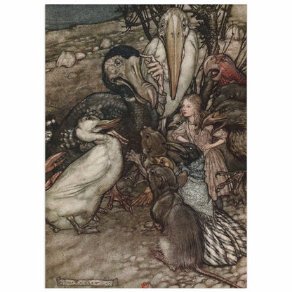 Alice in Wonderland caucus race with birds illustration by Arthur Rackham.