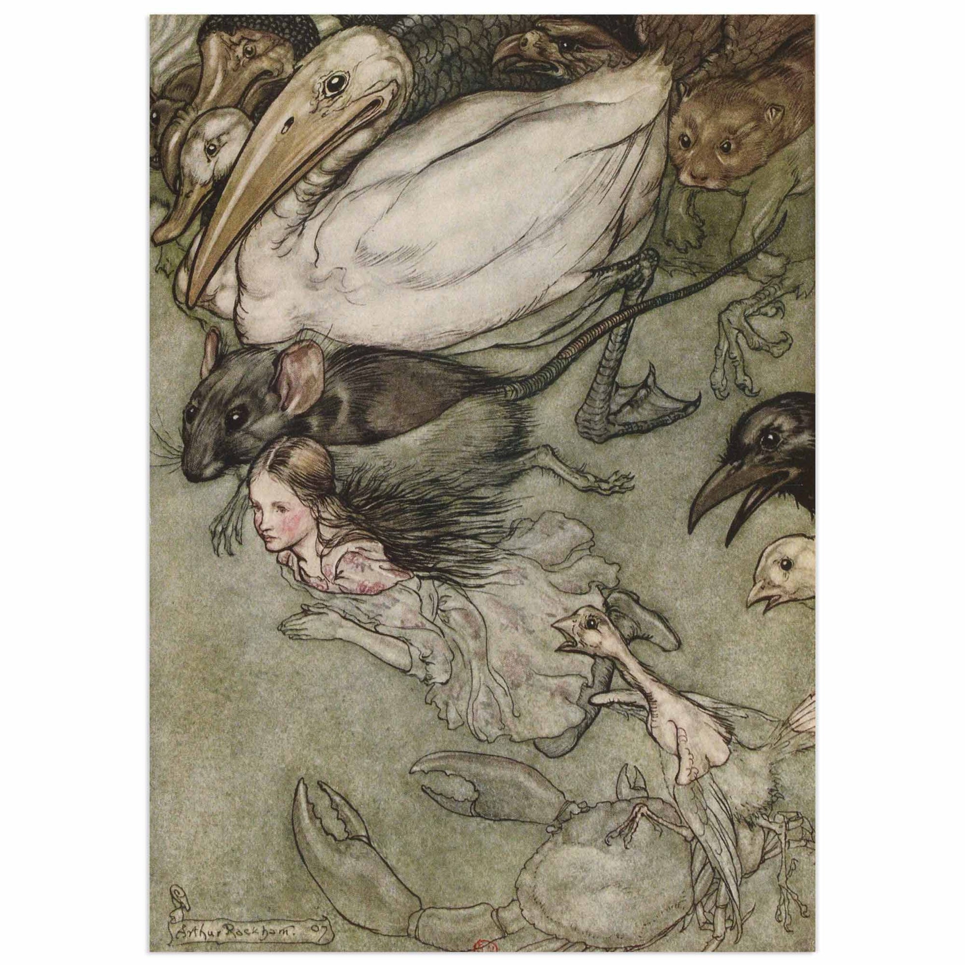 Alice swimming underwater surrounded by whimsical creatures, illustrated by Arthur Rackham.