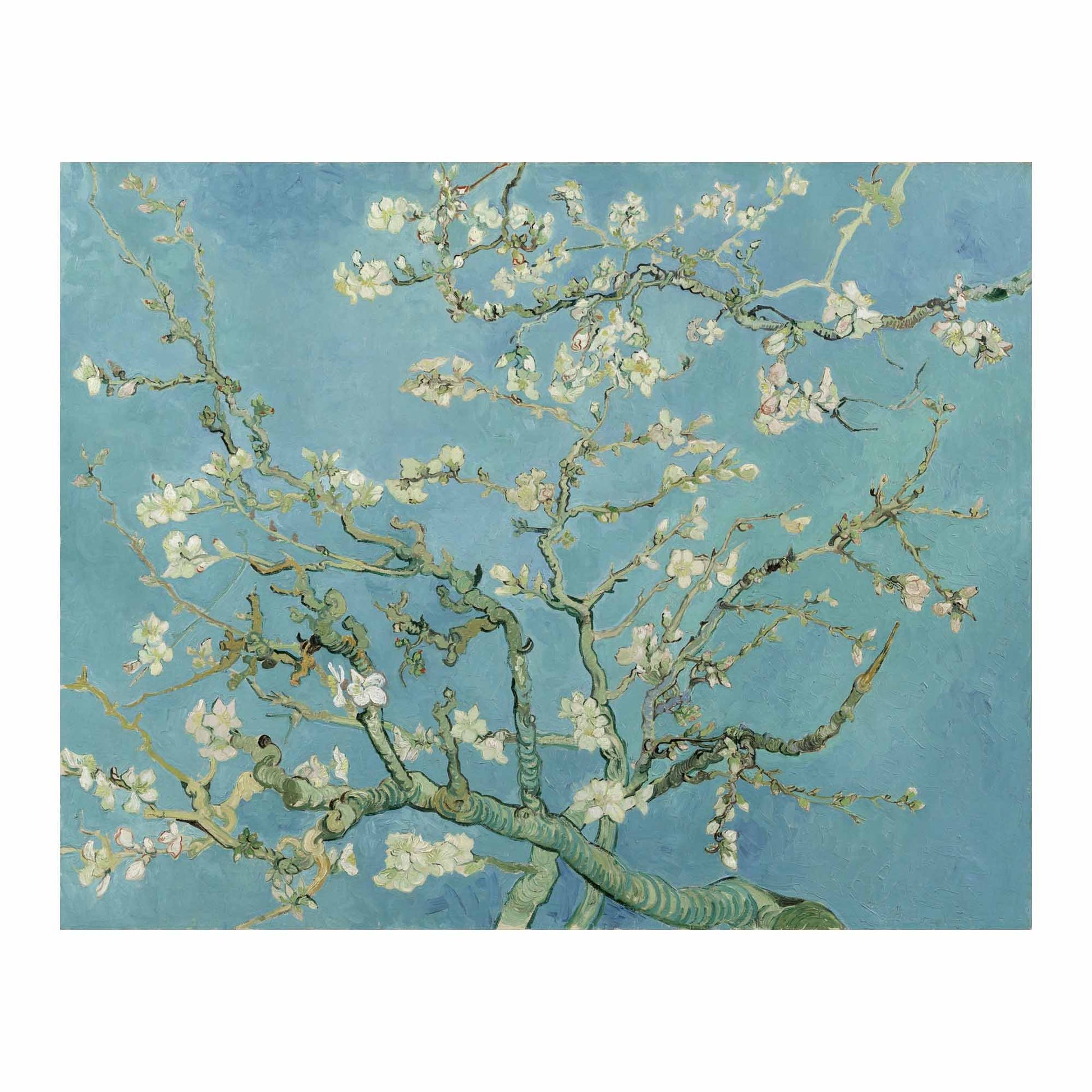 Famous Van Gogh painting of almond branches with flowers against a blue background