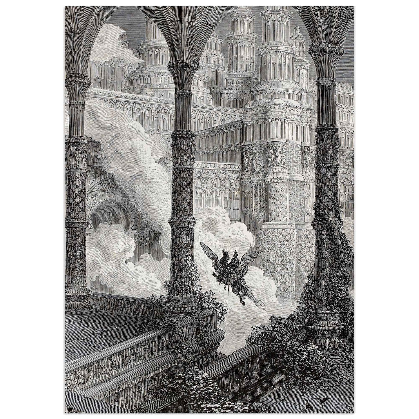 Orlando Furioso, Canto XXXIV. the knight Astolfo guides his winged steed, the legendary Hippogriff, toward a celestial palace