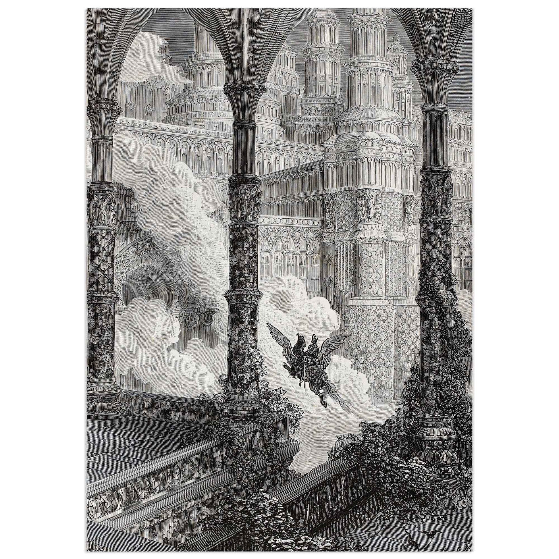 Orlando Furioso, Canto XXXIV. the knight Astolfo guides his winged steed, the legendary Hippogriff, toward a celestial palace