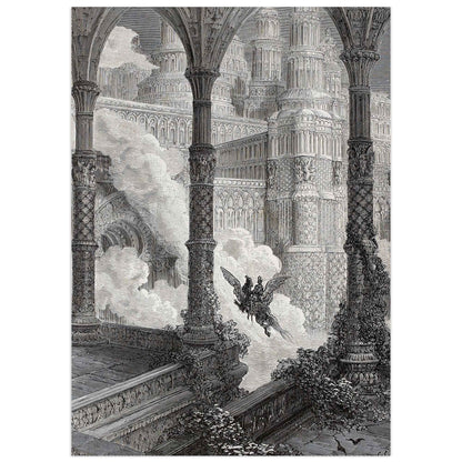 Orlando Furioso, Canto XXXIV. the knight Astolfo guides his winged steed, the legendary Hippogriff, toward a celestial palace