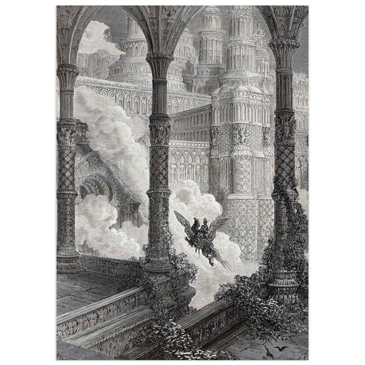 Orlando Furioso, Canto XXXIV. the knight Astolfo guides his winged steed, the legendary Hippogriff, toward a celestial palace