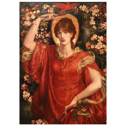 "A Vision of Fiammetta by Dante Gabriel Rossetti - A stunning Pre-Raphaelite painting of a woman in a red gown surrounded by blooming flowers, with a golden halo around her head, capturing the essence of romantic idealism."