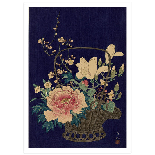 Japanese woodblock print by Ohara Koson showing a bamboo basket filled with peony, magnolia and plum blossoms against a deep blue background.
