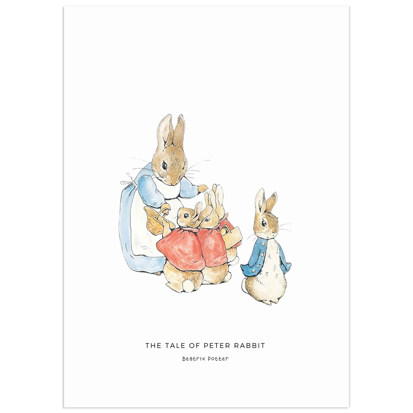 Beatrix Potter Peter Rabbit family illustration digital print showing Mrs Rabbit with Peter and siblings in blue jackets nursery wall art
