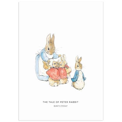 Beatrix Potter Peter Rabbit family illustration digital print showing Mrs Rabbit with Peter and siblings in blue jackets nursery wall art