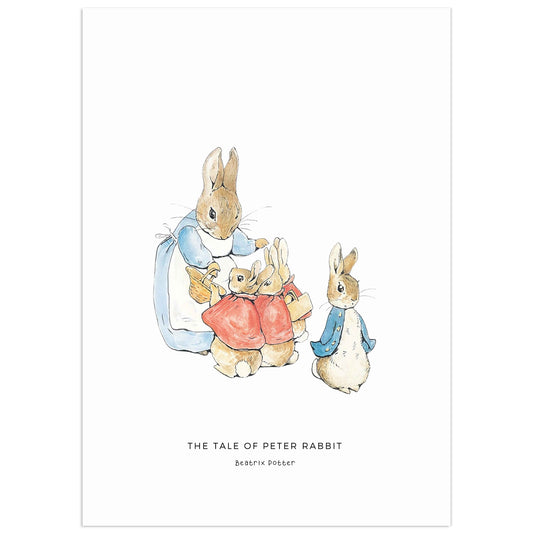 Beatrix Potter Peter Rabbit family illustration digital print showing Mrs Rabbit with Peter and siblings in blue jackets nursery wall art