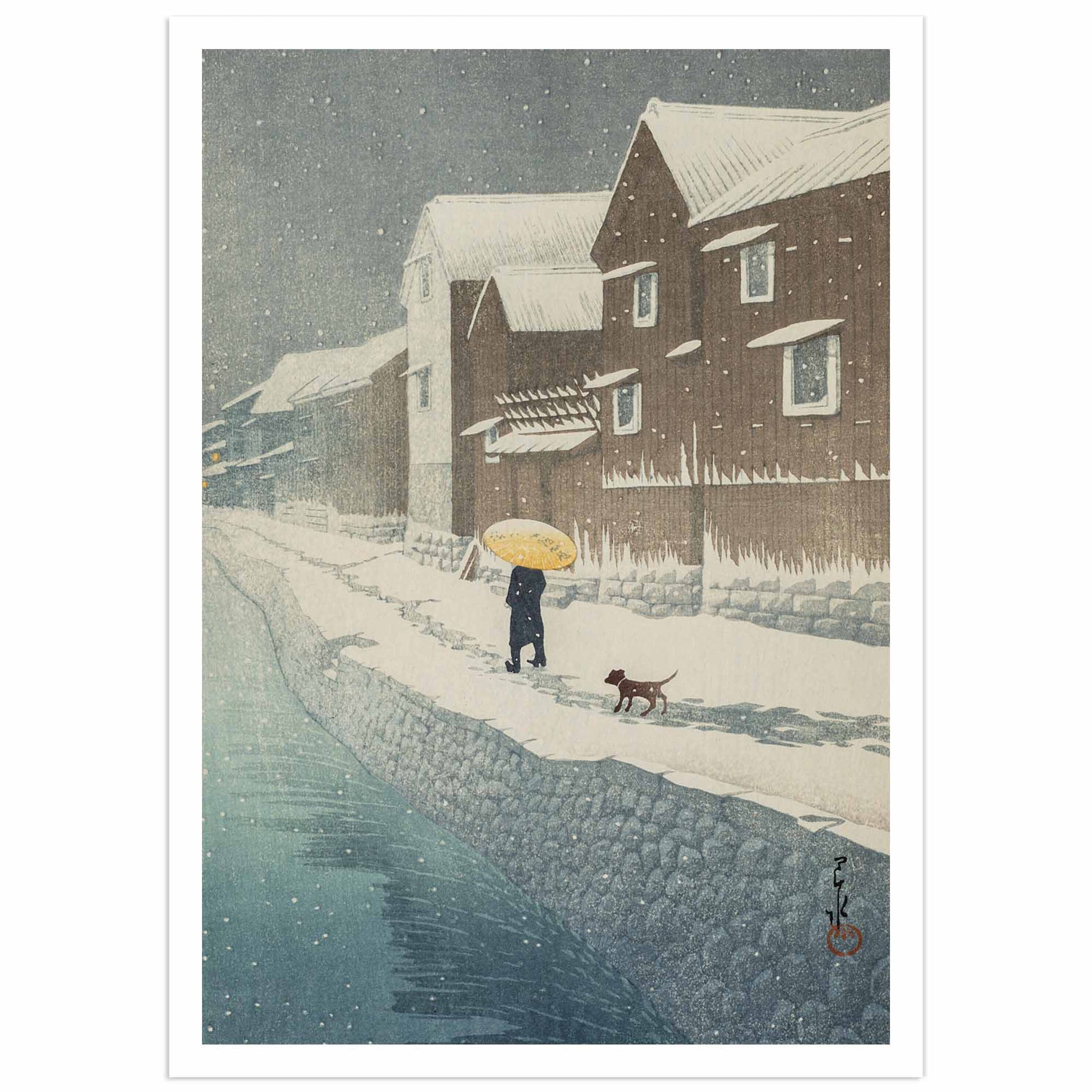 Hasui Kawase’s "Bishu Handa Shinkawabata" - Snowy scene at Handa in Owari Province featuring a figure with an umbrella and a dog.