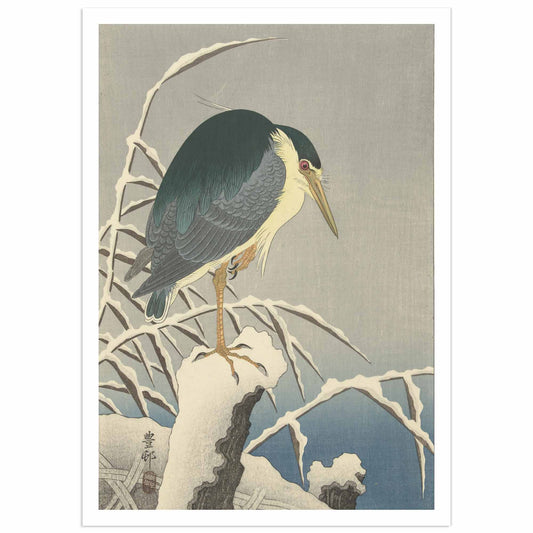 A woodblock print of a heron perched on a snow-covered branch with a snowy background.