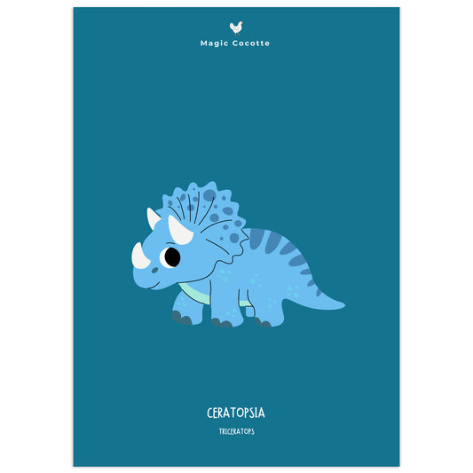 Printable nursery wall art of a small blue baby triceratops on a deep teal background, labelled Ceratopsia and Triceratops