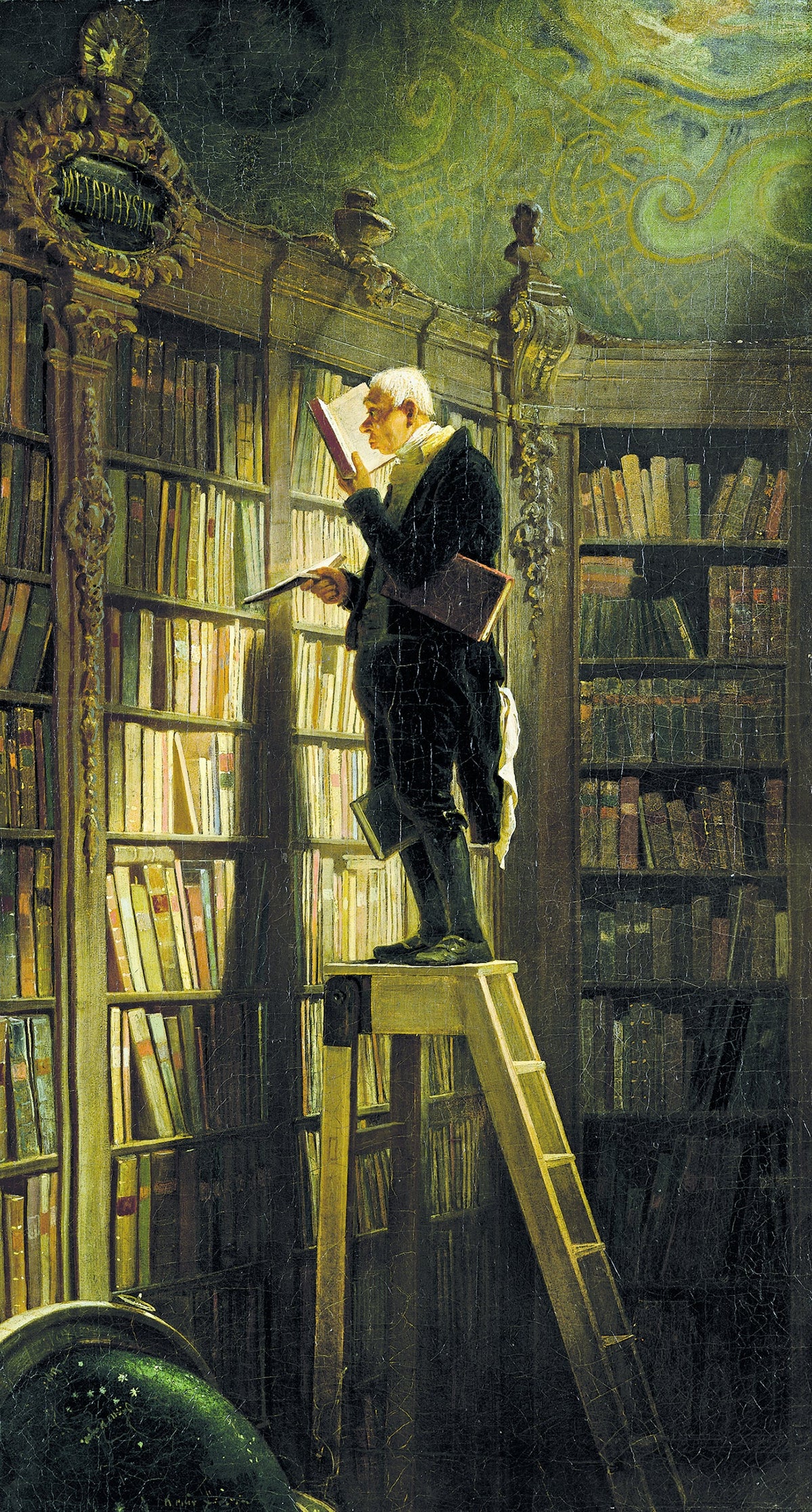 The Bookworm by Carl Spitzweg: an elderly scholar in a long coat stands at the top of a library ladder, reading, with books in both hands, under his arm and between his knees, in soft golden light