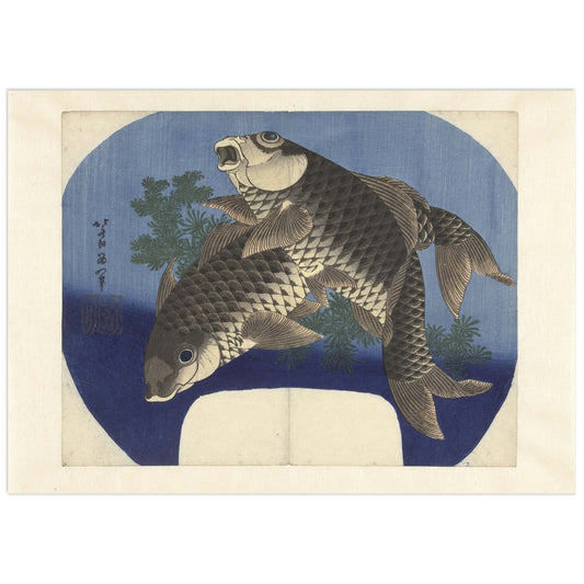 Traditional Japanese woodblock print of two carp fish against a blue and white background.