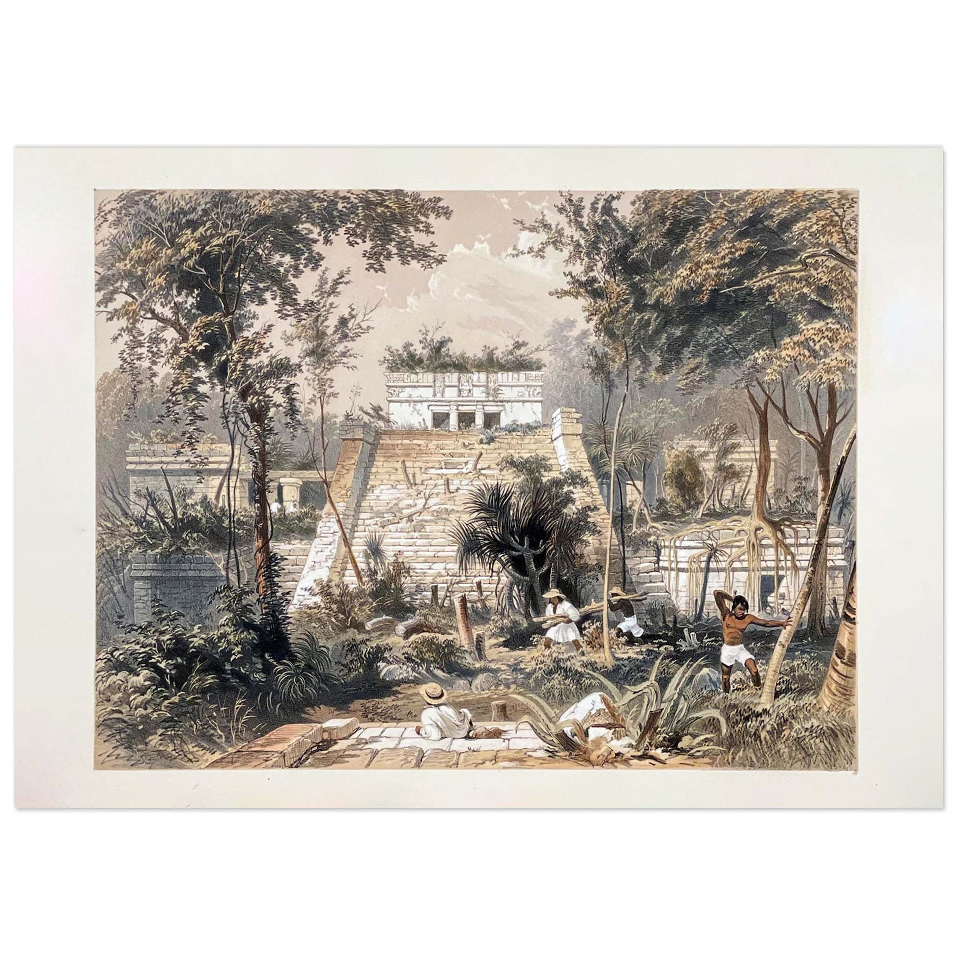 Detailed 19th-century lithograph art print by Frederick Catherwood depicting the ancient Mayan ruins of El Castillo in Tulum, Mexico, surrounded by overgrown jungle with local men clearing wood in the foreground.