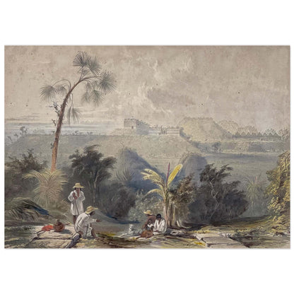 Detailed 19th-century lithograph art print by Frederick Catherwood showing a panoramic view of the ancient Maya ruins of Uxmal in Mexico, featuring pyramids rising from the jungle and indigenous people with a dog in the foreground.
