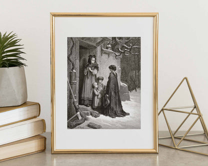 Framed black and white print of a family scene on a white wall with decorative elements. Scene from "La Cigale et la fourmi" illustrated by Gustave Dore