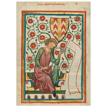 Medieval illumination from the Codex Manesse showing Count Rudolf von Neuenburg seated among red roses, holding a flower and a blank banner beneath his coat of arms.