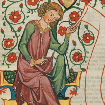 A close-up of a medieval-style illustration on aged parchment, showing a seated figure in a green tunic and reddish-brown robe surrounded by red flowers and decorative motifs.