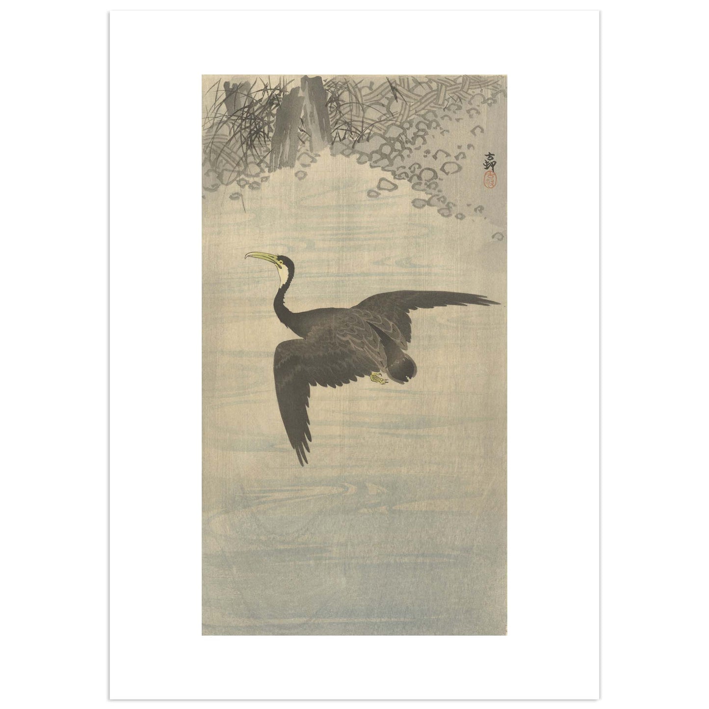 Traditional Japanese woodblock print of a cormorant over water with trees and flowers by Ohara Koson.