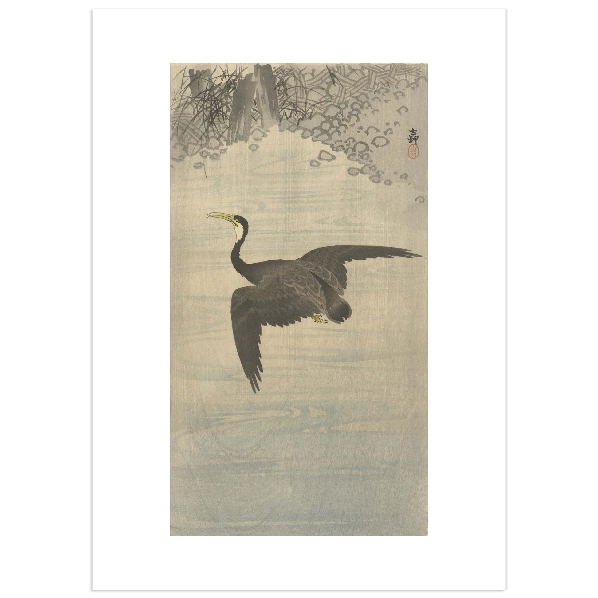 Traditional Japanese woodblock print of a cormorant over water with trees and flowers by Ohara Koson.