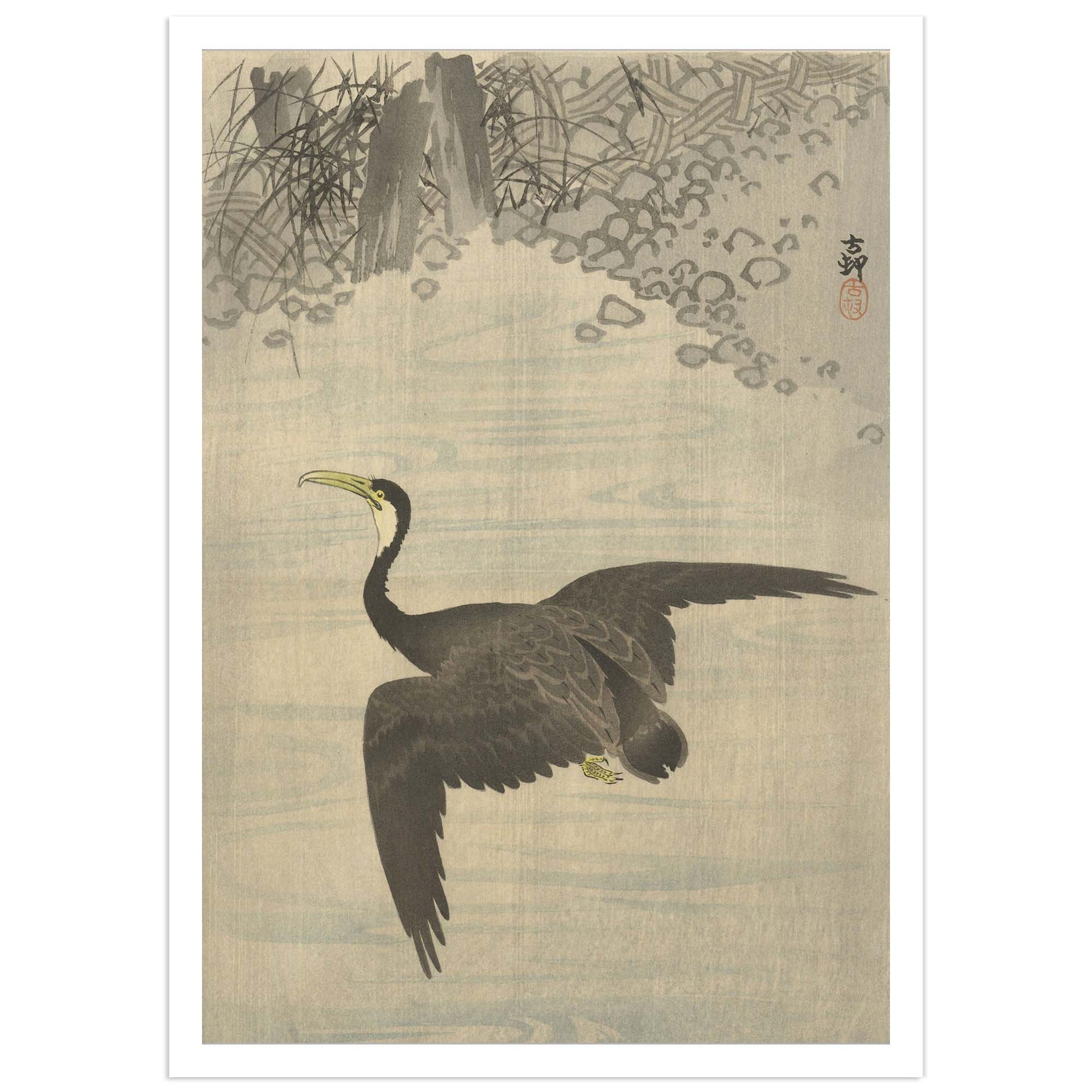 apanese woodblock print reproduction showing a black cormorant with spread wings flying low over rippling water, artwork by Ohara Koson.