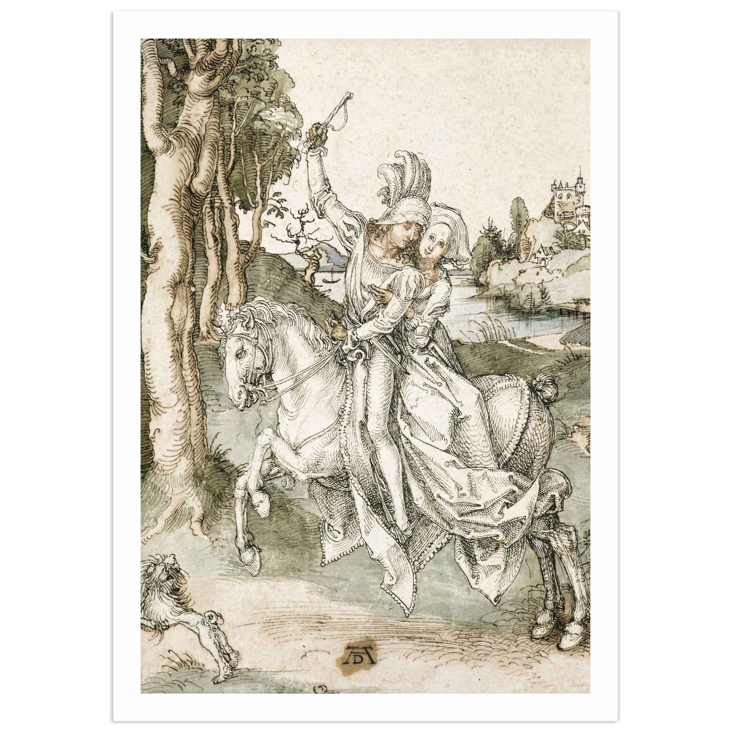Engraving by Albrecht Dürer showing a man and woman on horseback in a Renaissance landscape, 1496.