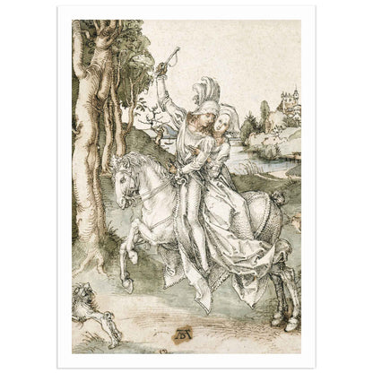 Engraving by Albrecht Dürer showing a man and woman on horseback in a Renaissance landscape, 1496.