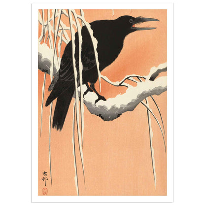 Japanese woodblock print by Ohara Koson showing a solitary black crow perched on a snow-covered branch against a pale winter background, in the traditional shin-hanga style.