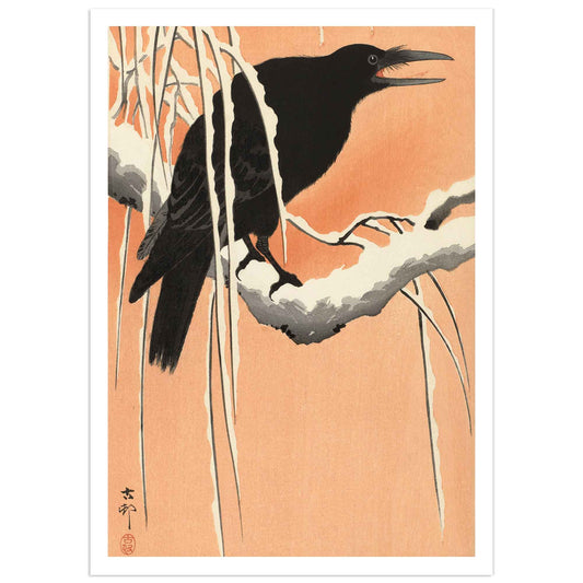 Japanese woodblock print by Ohara Koson showing a solitary black crow perched on a snow-covered branch against a pale winter background, in the traditional shin-hanga style.