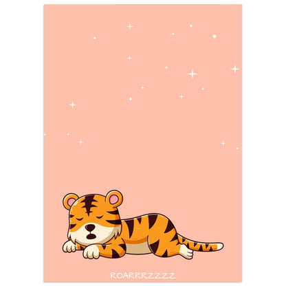 Printable nursery wall art of a cute sleeping baby tiger on a soft pink background with white stars and the word Roarrrzzzz