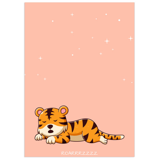 Printable nursery wall art of a cute sleeping baby tiger on a soft pink background with white stars and the word Roarrrzzzz