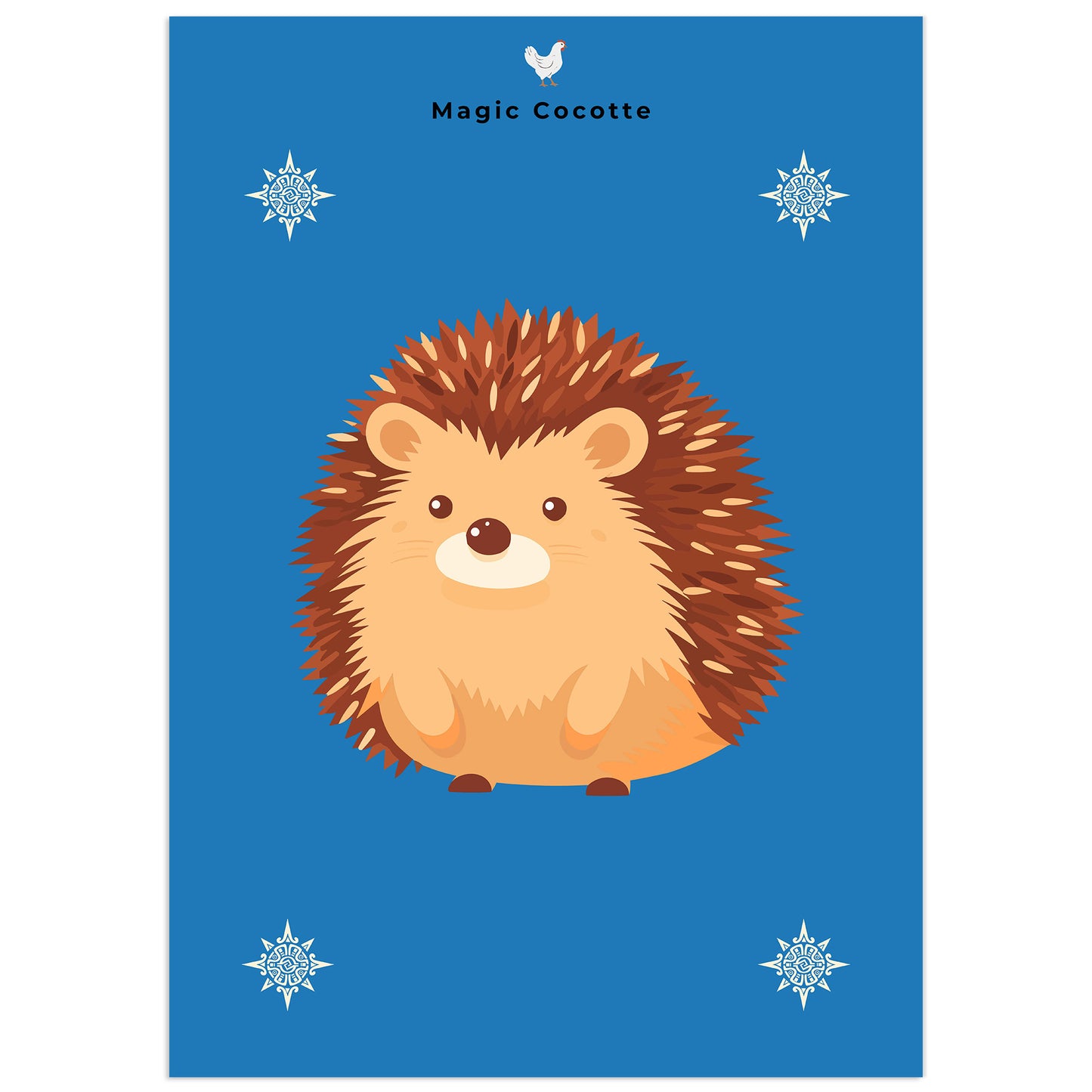 Cute cartoon hedgehog illustration with decorative snowflake elements on a blue background