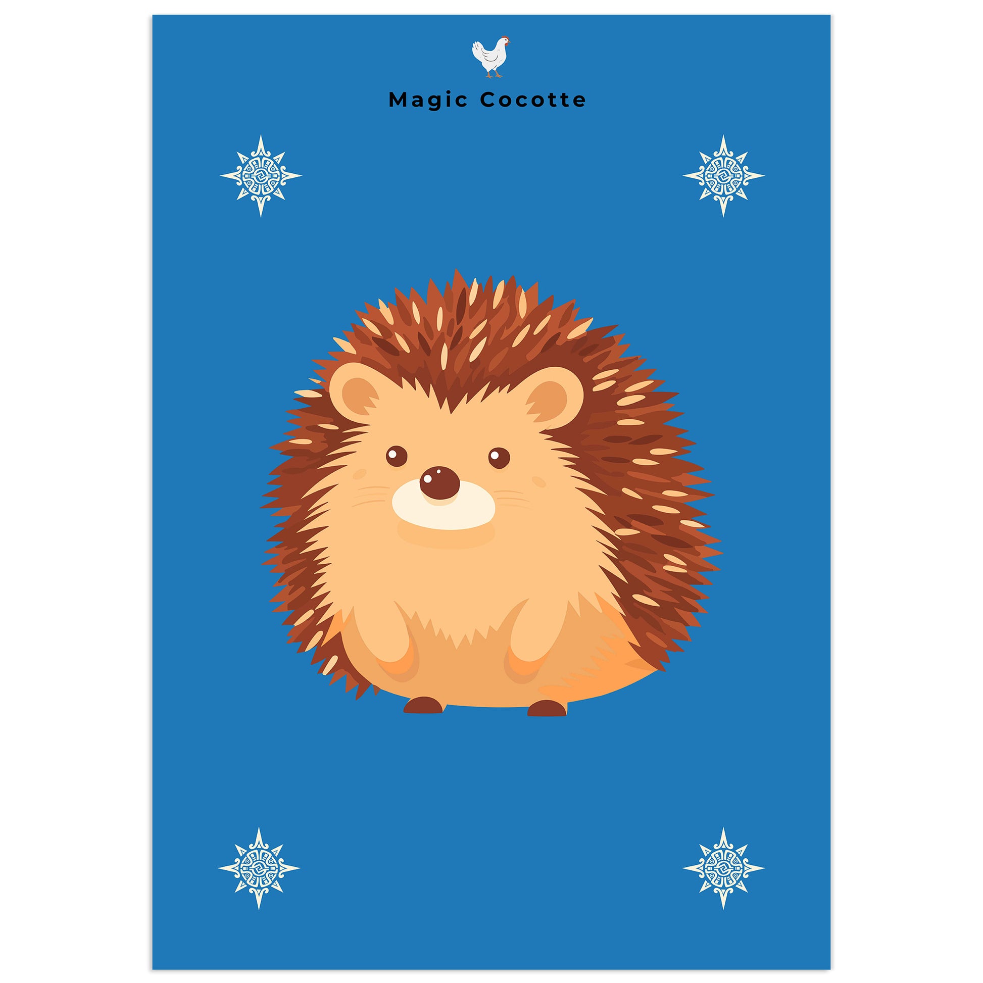 Cute cartoon hedgehog illustration with decorative snowflake elements on a blue background