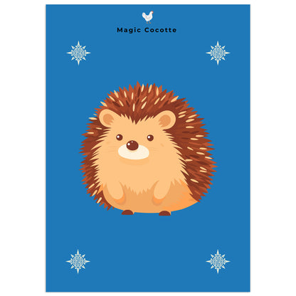 Cute cartoon hedgehog illustration with decorative snowflake elements on a blue background