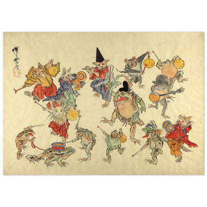 Animaux Dansant autour d’un Dieu Grenouille – Scène Musicale de Kyōsai