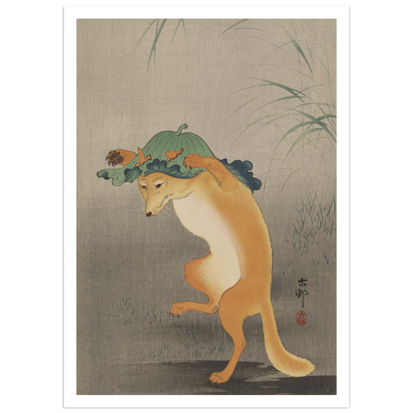 Dancing fox by Ohara Koson  Traditional Japanese woodblock print of a fox with a bundle on its head. 