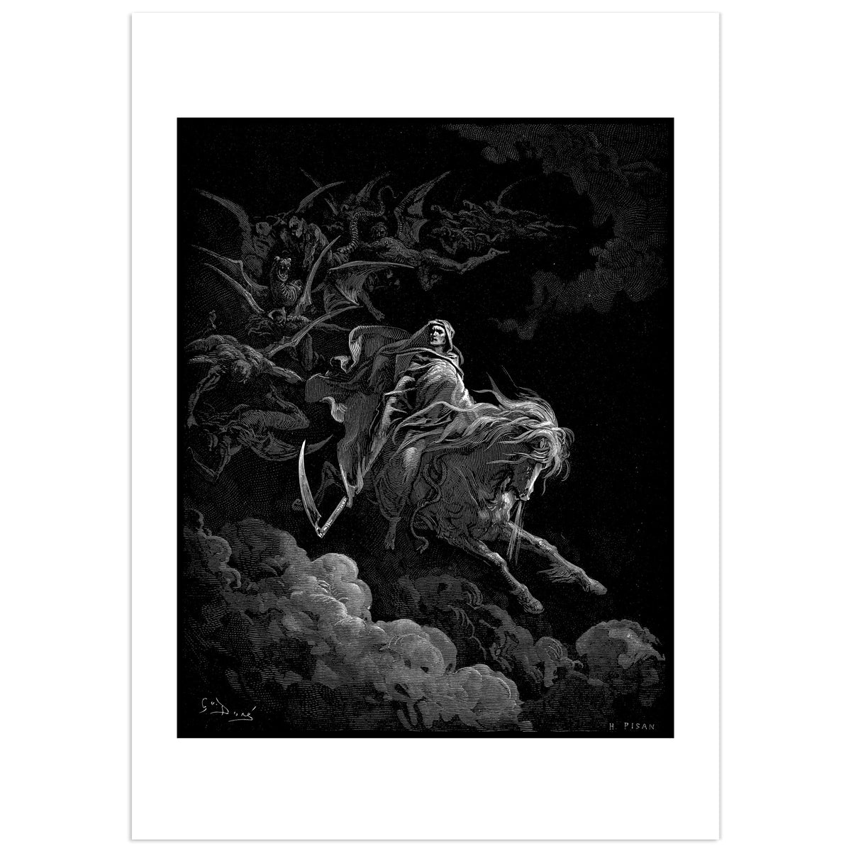 Gustave Doré, Death on the Pale Horse: a hooded, pale-faced rider holding a scythe gallops on a white horse above the clouds, followed by a horde of winged demons in a dark sky