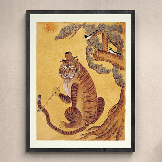 Minhwa Tiger Smoking a Pipe, with Magpies | Korean Folk Art