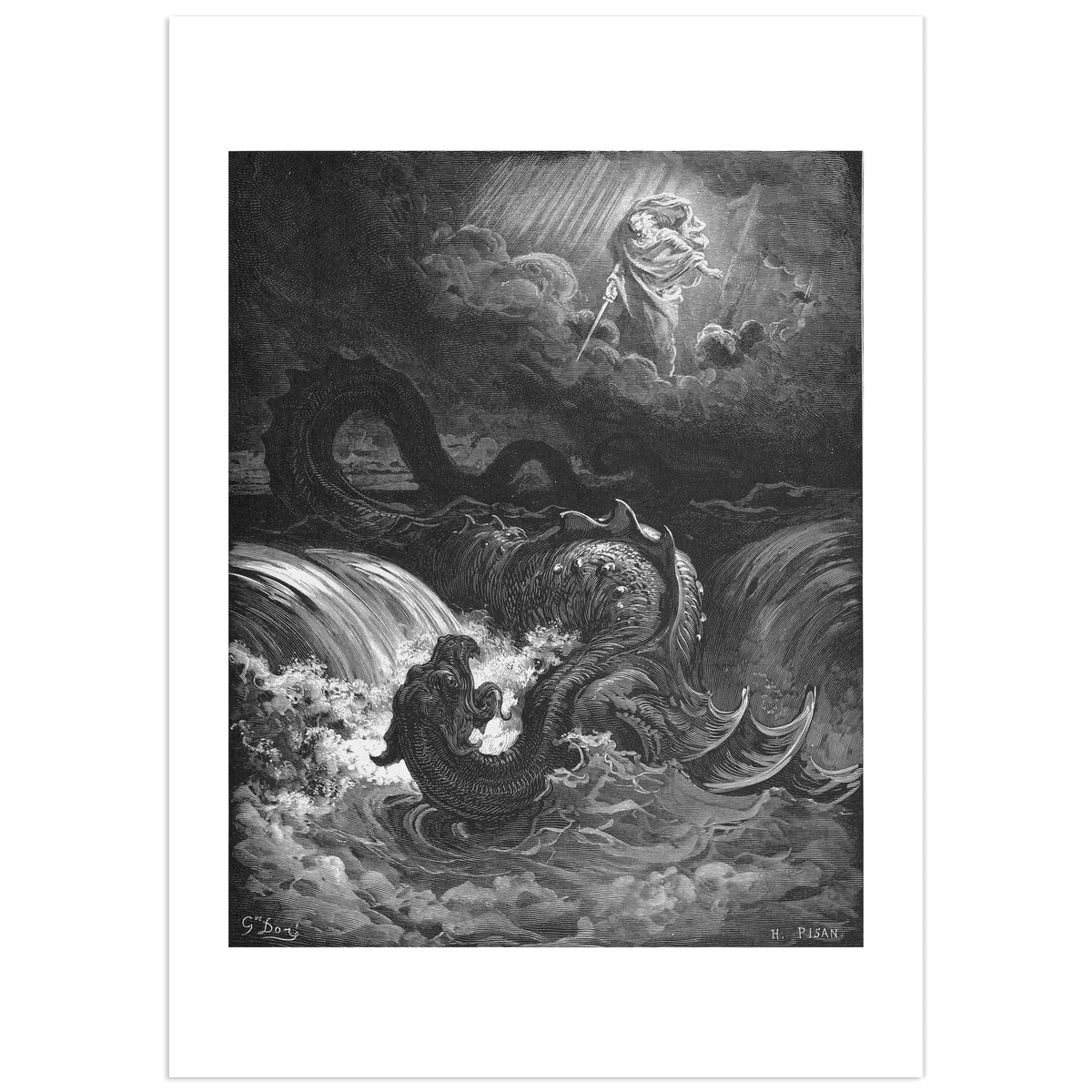 Gustave Doré, The Destruction of Leviathan: a divine figure holding a sword descends through rays of light above a stormy sea, where a giant scaly sea serpent writhes among towering waves