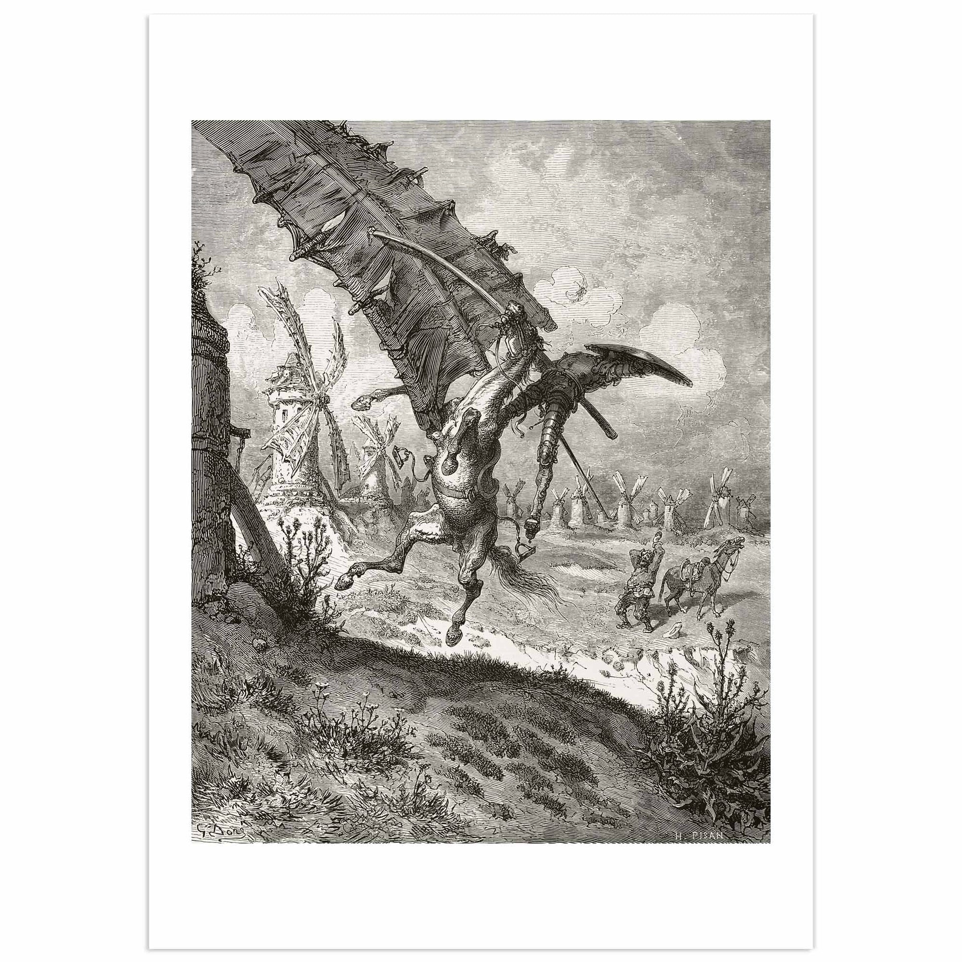 Gustave Doré engraving of Don Quixote attacking windmills, classic black-and-white illustration.