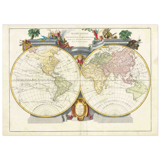 A decorative double hemisphere map of the world by Santini, printed on high-quality paper with restored colors faithful to the original work.
