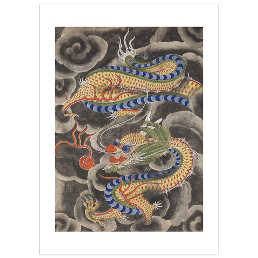 Korean Minhwa-style painting of a coiled dragon with vivid scales flying through dark swirling clouds, traditional Joseon Dynasty artwork with white borders.