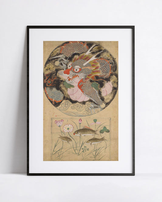 A framed art print featuring a traditional Korean-style illustration of a dragon in a circular composition above a scene with fish, lotus flowers, and reeds, displayed against a clean white wall.