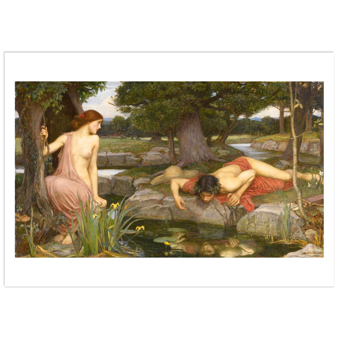 Reproduction d'Écho et Narcisse de John William Waterhouse (1903), Narcisse penché sur l'eau et Écho sur l'autre rive