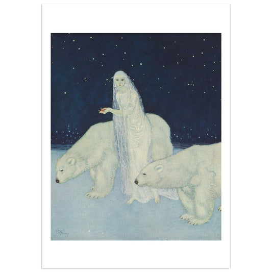 Illustration of a woman with white fur standing between two polar bears against a starry night sky.