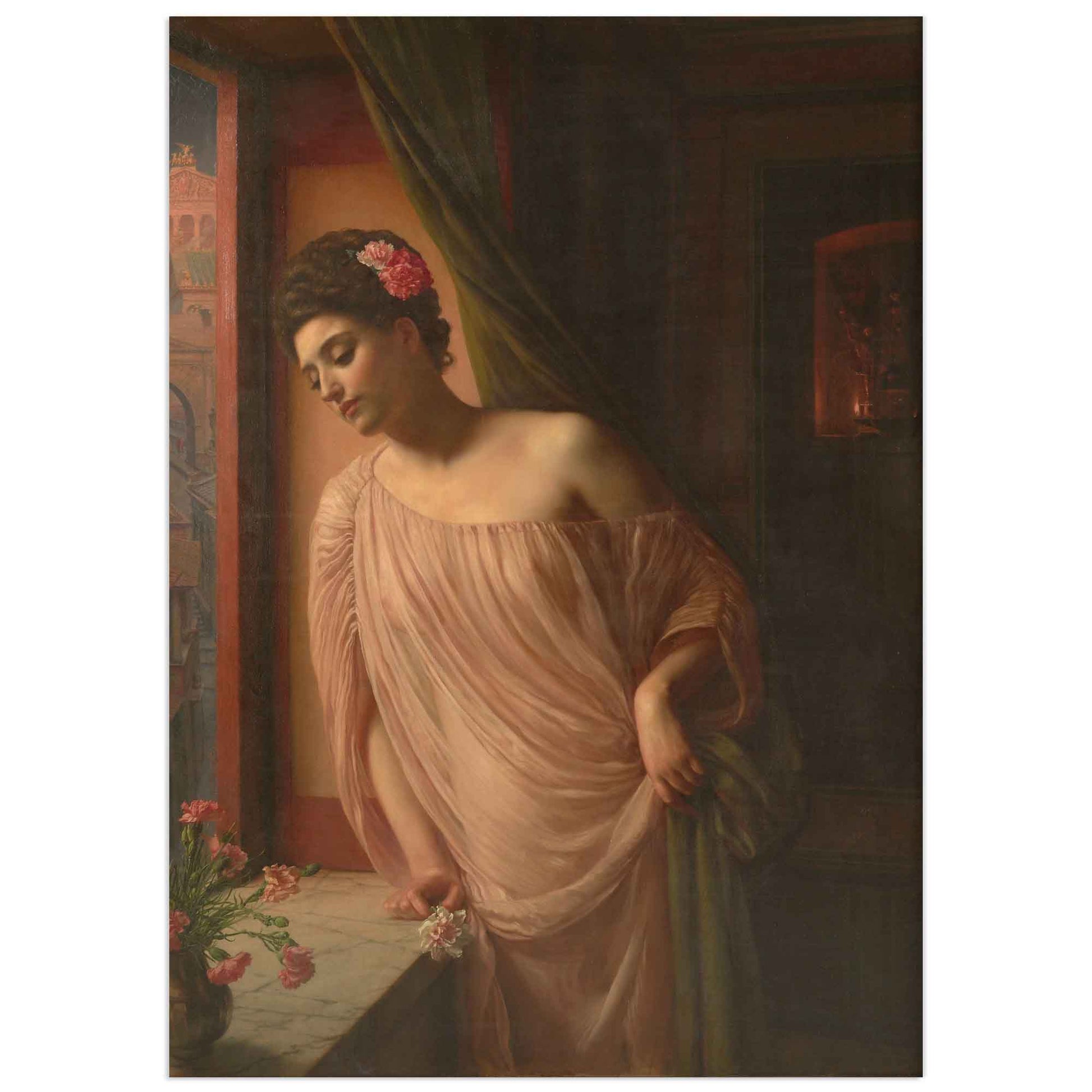 Edward Poynter's "Asterié" poster featuring a classical depiction of a woman in a soft, flowing gown standing by a window, with delicate flowers in the foreground.