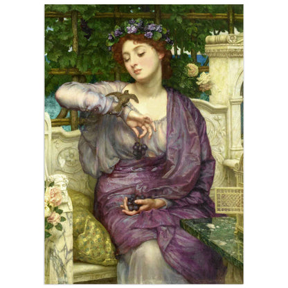 Edward Poynter's "Lesbia and Her Sparrow" poster featuring a classical depiction of a woman in a purple robe holding a sparrow, surrounded by luxurious marble and lush greenery.