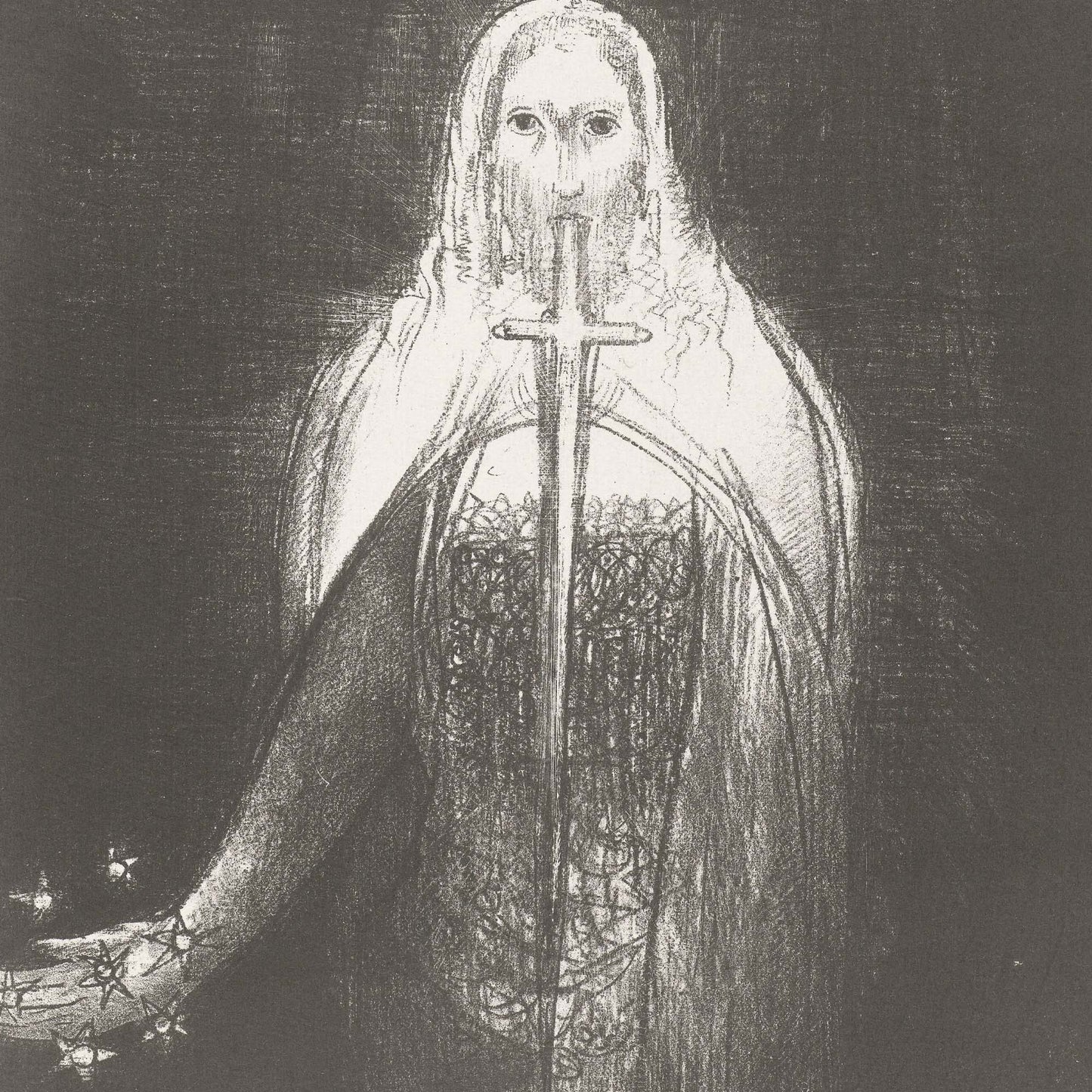 A dark monochrome artwork depicting a hooded figure holding a vertical sword, rendered in sketch-like black, gray, and white tones against a dark background.