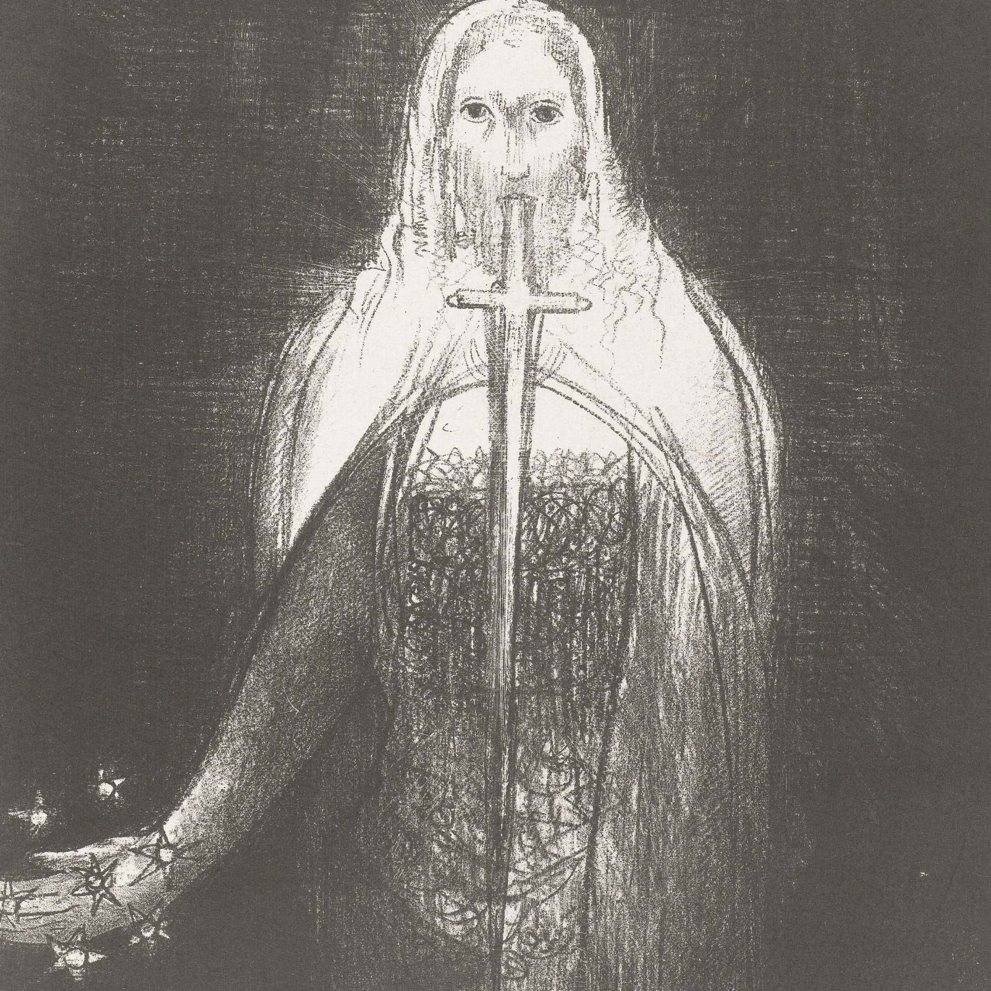 A dark monochrome artwork depicting a hooded figure holding a vertical sword, rendered in sketch-like black, gray, and white tones against a dark background.